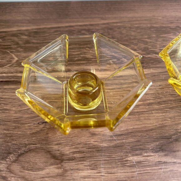 Fostoria 1930s Candle Holders, Yellow Deco Glass Pair - Picture 10 of 11